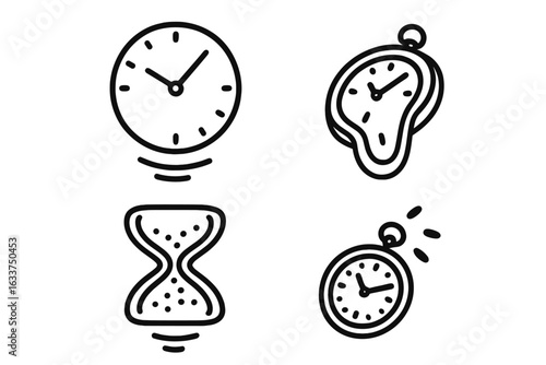 Surreal Timepiece Icons Set. Hand-drawn outline vector collection of floating clocks, melting watches, levitating hourglass, time concept, surreal object, abstract clock faces, modern quirky design