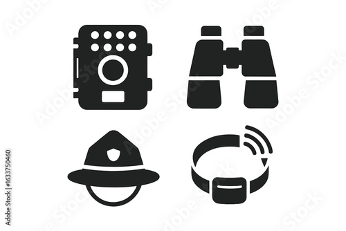 Wildlife Protection Equipment Icons Set. Solid Vector Symbols: Camera Trap, Binoculars, Ranger Hat, GPS Tracking Collar. Conservation Surveillance Tools for Animal Monitoring, Poaching Prevention