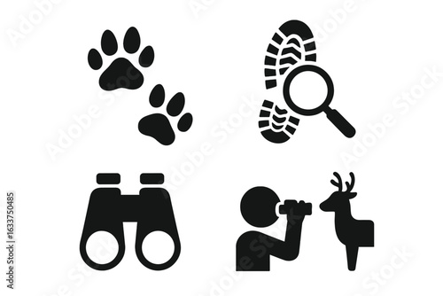 Wildlife tracking icons set. Solid animal track and footprint symbols. Binoculars, observer with deer silhouette, footprint cast, paw prints. Nature monitoring, animal observation vector illustration.