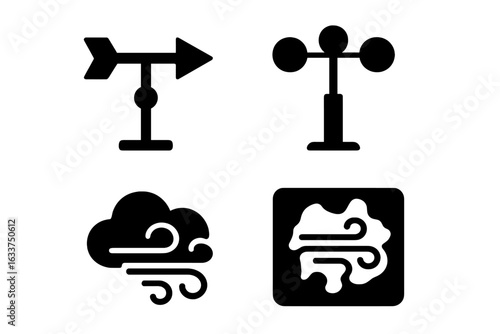 Wind Forecast Icon Set. Solid filled vector symbols of wind measurement and forecasting. Weather vane, anemometer, cloud gust, wind map, meteorology, breeze, air flow sign, climate, isolated.