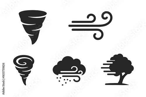 Extreme Wind Phenomena Icons Set. Solid Vector Symbols of Tornado, Gust, Whirlwind, Windstorm, Blowing Tree, Gale Force, Turbulent Cloud, Severe Weather, Natural Disaster Elements, Black Silhouette