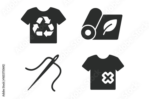 Sustainable fashion vector icons set. Recycled clothing, eco-friendly fabric roll with leaf, sewing needle, garment repair. Solid style black pictograms for ethical apparel, green wardrobe concept.