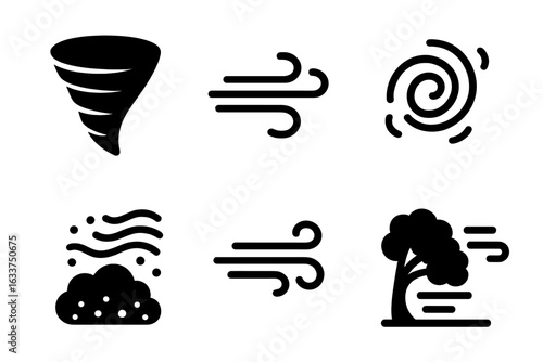 Wild Wind Phenomena Solid Vector Icons Set. Tornado, Gust, Whirlwind, Gale Force, Dust Storm, Tree Blowing, Strong Breeze, Air Movement, Weather Symbols, Natural Disaster, Meteorology Concept