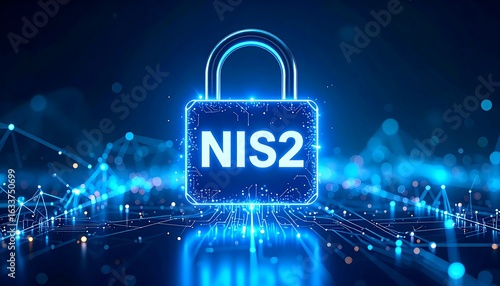 Glowing padlock with NIS2 inscribed, set against an abstract digital backdrop