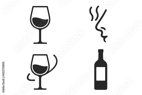 Wine tasting vector icons set. Solid filled icon collection of wine glass, aroma inhaling, swirl glass motion, wine bottle label. Professional wine tasting tools and elements illustration.