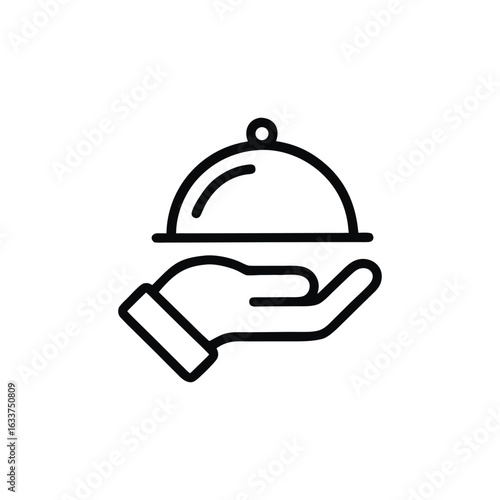 Elegant Food Service Icon Black Line Art Presenting Fine Dining with a Serving Cloche Held by a Hand