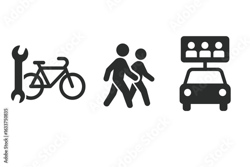Solid filled sustainable transport icons set including bike repair, walking group, carpool sign, eco-friendly transportation symbols, green mobility vector illustration on transparent background