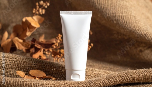 White Cream Tube On Brown Burlap Background With Dried Foliage And Warm Lighting