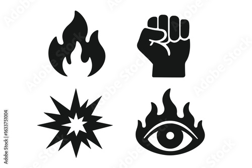 Symbols of Fury Vector Set. Bold Solid Icons Depicting Rage, Anger, Passion, and Power—Burning Flame, Clenched Fist, Explosion Burst, Fiery Eye. Black Silhouette Rage Metaphor Illustration