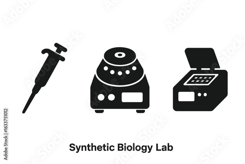Synthetic Biology Laboratory Icon Set. Black Solid Vector Illustrations of Lab Equipment: Micropipette, Centrifuge, PCR Thermal Cycler. Biotechnology, DNA Analysis, Genetic Engineering Tools Isolated