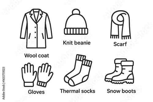 Winter clothing essentials outline icon set. Wool coat, knit beanie, scarf, gloves, thermal socks, snow boots. Cold weather travel, winter accessories, vector illustration, line art, minimal design
