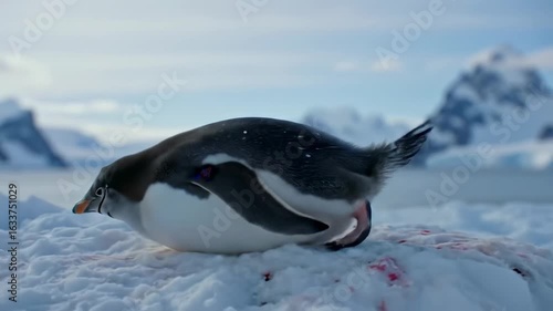 Resting penguin in snowy landscape antarctic wildlife photography