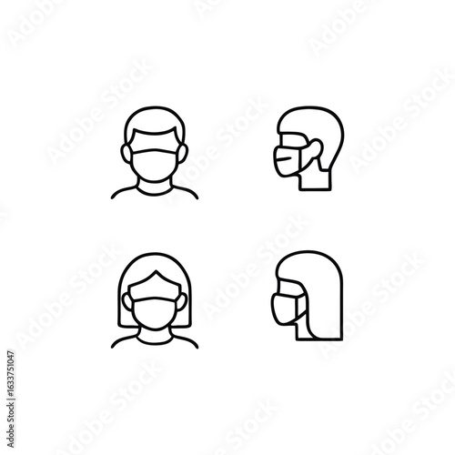 Icons Depicting Individuals Wearing Protective Face Masks Demonstrating Safety and Prevention in a Line Art Style for Informative Material