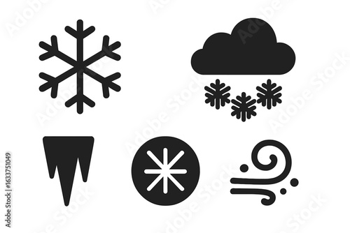 Winter weather icons set. Solid black vector symbols of snowflake, snow cloud, icicle, frost sign, blizzard swirl, cold wind, snowstorm, freezing conditions, icy air. Seasonal meteorology pictograms