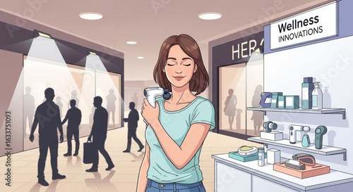Woman in a shopping mall uses a wellness device on her face near a product display, with blurred figures in the background.