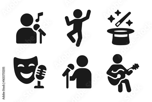 Talent show icons set with solid filled design featuring singing, dancing, magic tricks, comedy, and musical instrument playing – versatile vector illustration on transparent background
