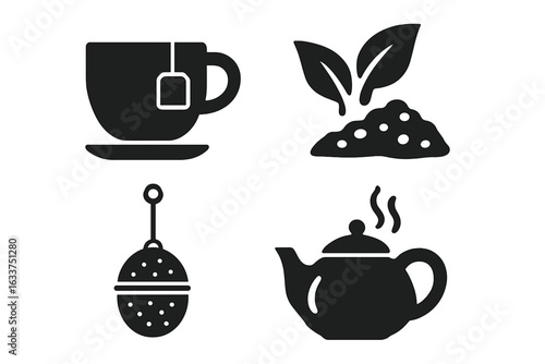 Tea brewing icons set. Solid silhouette collection of tea cup with teabag, loose leaf tea, tea infuser, steaming teapot. Hot beverage preparation methods. Drink symbols. Vector illustration isolated