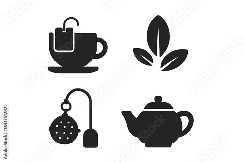 Tea brewing icons set with solid filled designs including teabag in cup, loose leaf tea, tea infuser, teapot with lid, and hot tea symbols, vector illustration on transparent background