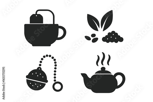 Tea brewing icons set with solid filled style, including teabag in cup, loose leaf tea, tea infuser, teapot with lid, hot beverage preparation, vector illustration
