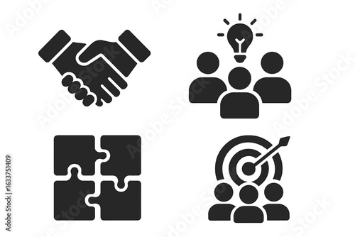 Teamwork collaboration icons set, business partnership handshake, group brainstorming, puzzle integration, team target achievement, leadership, strategy. Solid filled vector on transparent background.