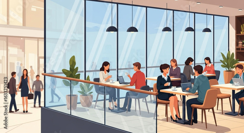 Business people working and socializing in a modern, open-plan cafe.