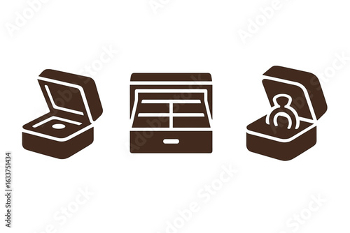 Solid Vector Icon Set of Wooden Jewelry Boxes, Hinged Ring Box, Drawer Organizer, Handcrafted Storage, Elegant Ring Holder, Minimalist Silhouette, Decorative Accessory Boxes, Transparent Background