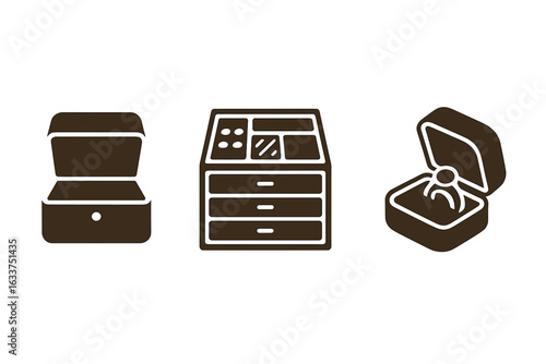 Solid Vector Icon Set of Wooden Jewelry Boxes, Hinged Box, Ring Box, Drawer Organizer, Accessory Storage, Handcrafted Display, Minimalist Design, Storage Solutions, Home Decor, Collection Isolated
