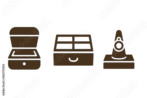 Solid Vector Set of Handcrafted Wooden Jewelry Box Icons – Hinged Lid Box, Multi-Compartment Drawer Organizer, Standing Ring Holder – Elegant Jewelry Storage, Classic Organizer, Minimalist Design