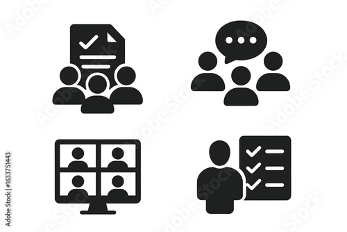Team collaboration icon set, teamwork and communication symbols, shared document management, group chat, virtual meeting, task checklist, solid filled vector pictograms, business workflow concepts
