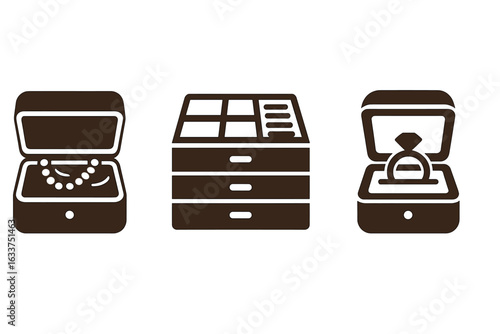 Handcrafted Wooden Jewelry Box Icons Collection. Solid Filled Vector Set Featuring Hinged Necklace Box, Drawer Organizer, Engagement Ring Holder. Elegant Storage and Display Design Elements