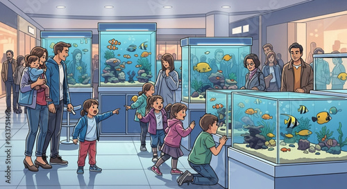 A family outing to a vibrant indoor aquarium, filled with diverse fish species and fascinated onlookers.