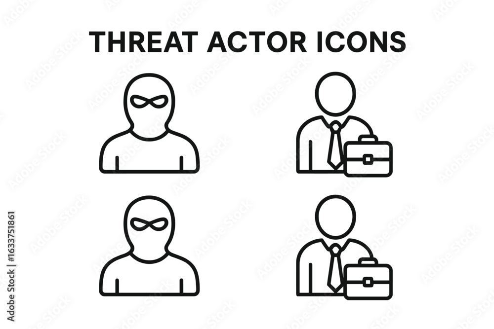 Threat Actor Icons Set. Cybersecurity outline collection. Criminal silhouette, hacker with mask, insider businessperson with briefcase. Security risk concept. Vector illustration isolated. Threat Actor Icons Set. Cybersecurity outline collection. Criminal silhouette, hacker with mask, insider businessperson with briefcase. Security risk concept. Vector illustration isolated.