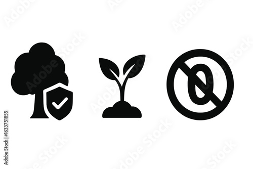 Zero Deforestation Icons Set. Black Forest Protection Tree With Shield, Reforestation Sapling Growth, No Logging Sign. Conservation, Sustainable Forestry, Eco Friendly Practices, Vector Illustration