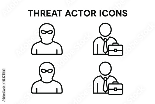 Threat Actor Icons Set. Cybersecurity outline collection. Criminal silhouette, hacker with mask, insider businessperson with briefcase. Security risk concept. Vector illustration isolated.