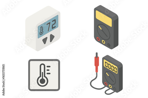 Isometric Flat Thermostat Calibration and Testing Icons Set, Thermostat Unit with Multimeter, Temperature Control and Measurement Vector Illustration on Transparent Background