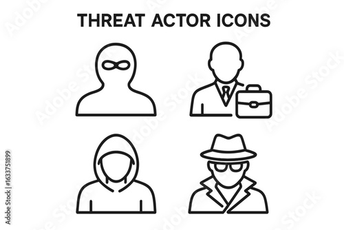 Threat actor icons set with outlined profiles of masked criminals, insider figures with briefcases, cybercrime silhouettes, hacker personas, and security threat vectors on transparent background