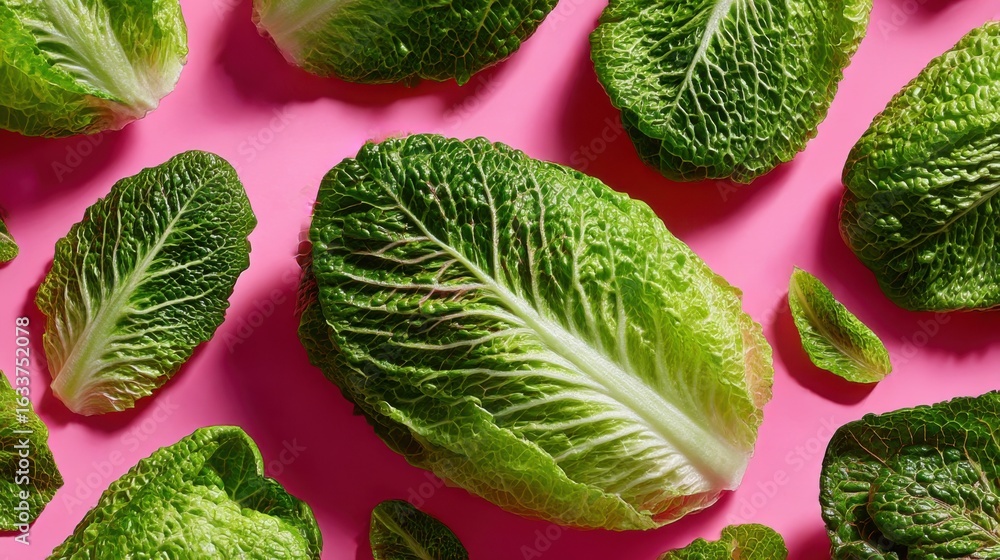 Obraz premium Fresh romaine lettuce arranged on a vibrant pink background showcasing its crisp texture and rich color