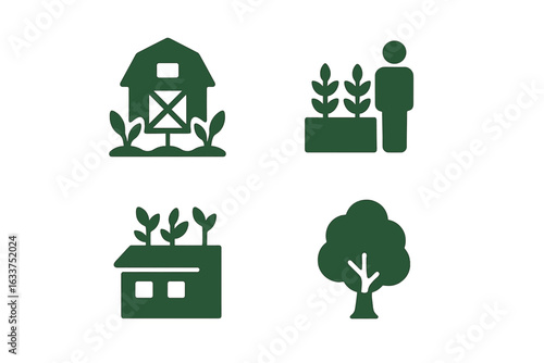Zero waste city icons vector set. Urban farm, community garden, green roof, eco building, sustainable agriculture, city tree, nature integration, environmental protection, modern green spaces