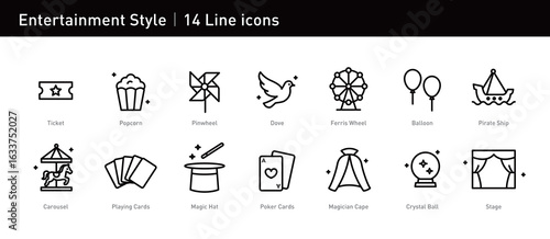 This amusement icon set features Ferris wheels, magic hats, and popcorn, capturing park vibes. Ideal for entertainment and design, with scalable vectors.