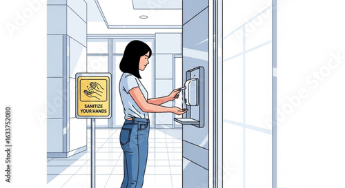 Woman sanitizing her hands at a wall-mounted dispenser in a modern building, with a sign reminding to sanitize.