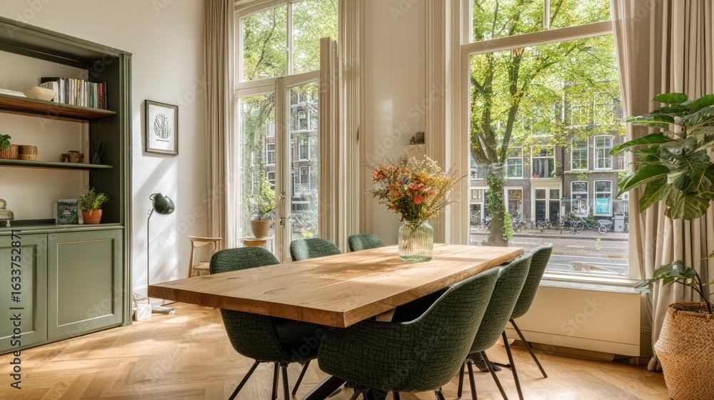 Fototapeta premium Sunlight floods a cozy dining room