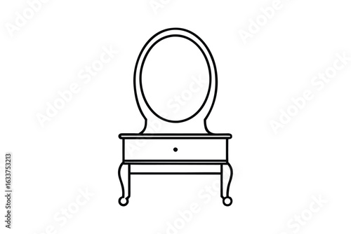 Minimalist line art of a vanity table with mirror and drawer perfect for beauty and home decor concepts