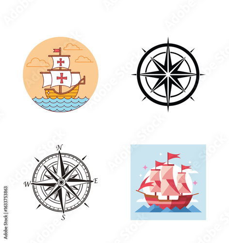 Illustration of ships and compasses Columbus Day in a colorful and graphic style