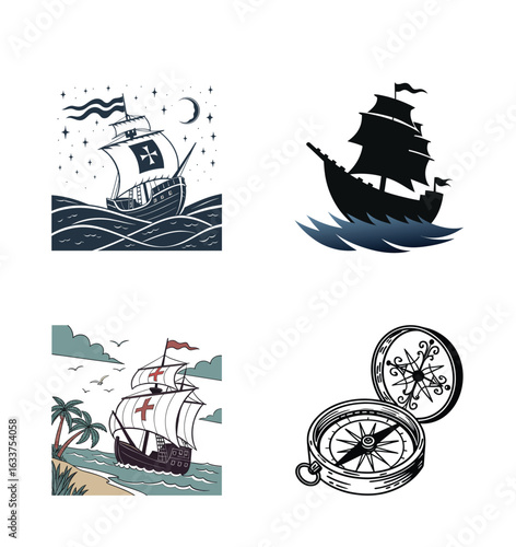 Four images illustrating themes of exploration, Columbus Day  navigation, sailing, and the sea