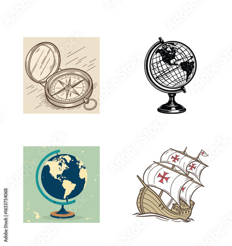 Vintage navigation and exploration icons featuring compass, Columbus Day  globes, and a caravel ship