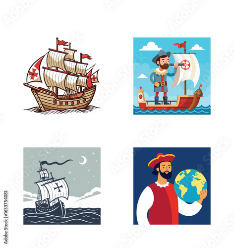 Illustrations Depicting Historical Nautical Exploration, Columbus Day  Discovery and Cartography, in Various Artistic Styles