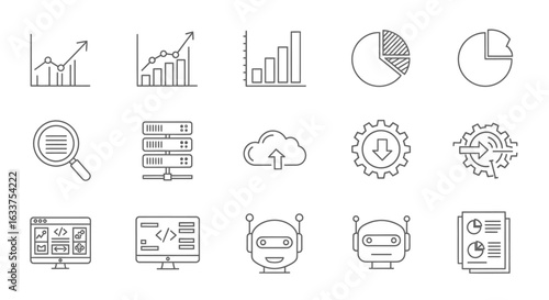 A set of monochrome line icons illustrating concepts of data analysis, cloud computing, AI, and software development.
