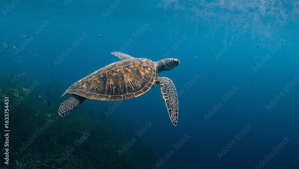 Fototapeta premium A sea turtle gracefully swims through the clear blue ocean water with sunlight filtering through above it