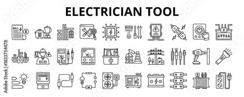 30 Electrician Tool Line Icons Vector - Electric Appliance, Spare Part, Power Switch, Voltmeter, Cable, Generator