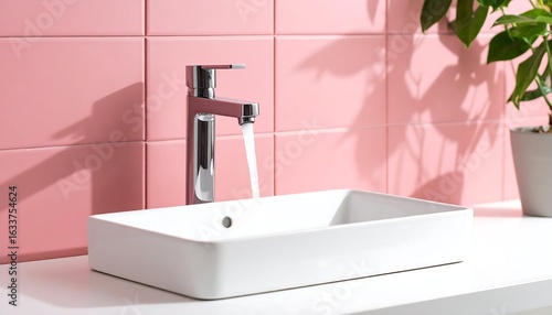 Modern bathroom sink with chrome faucet; water flows into rectangular basin against pink tile